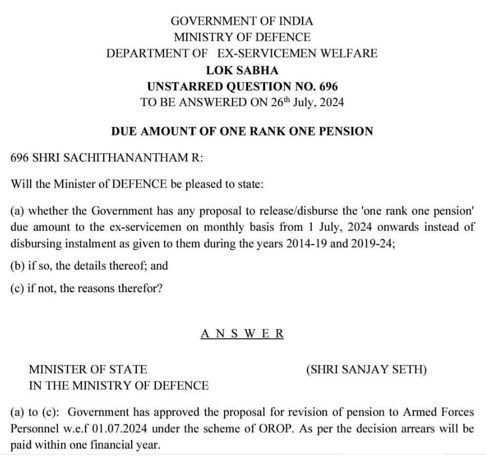 OROP 3 Revision of Pension Table from 1.7.2024