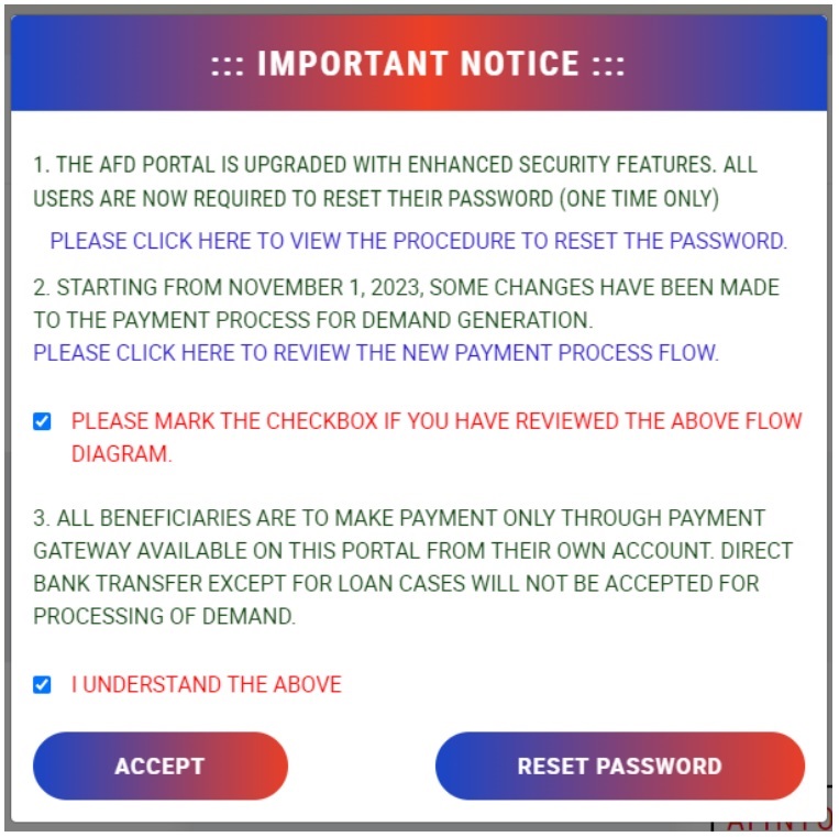 CSD AFD online portal password reset procedure image