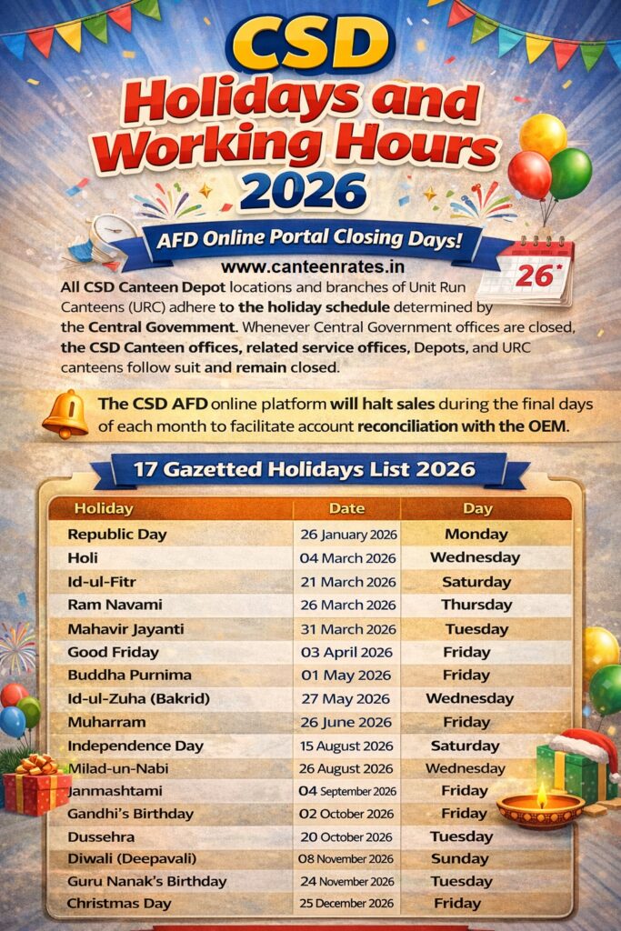 CSD Holidays and Working Hours 2026: AFD Online Portal Closing Days ...