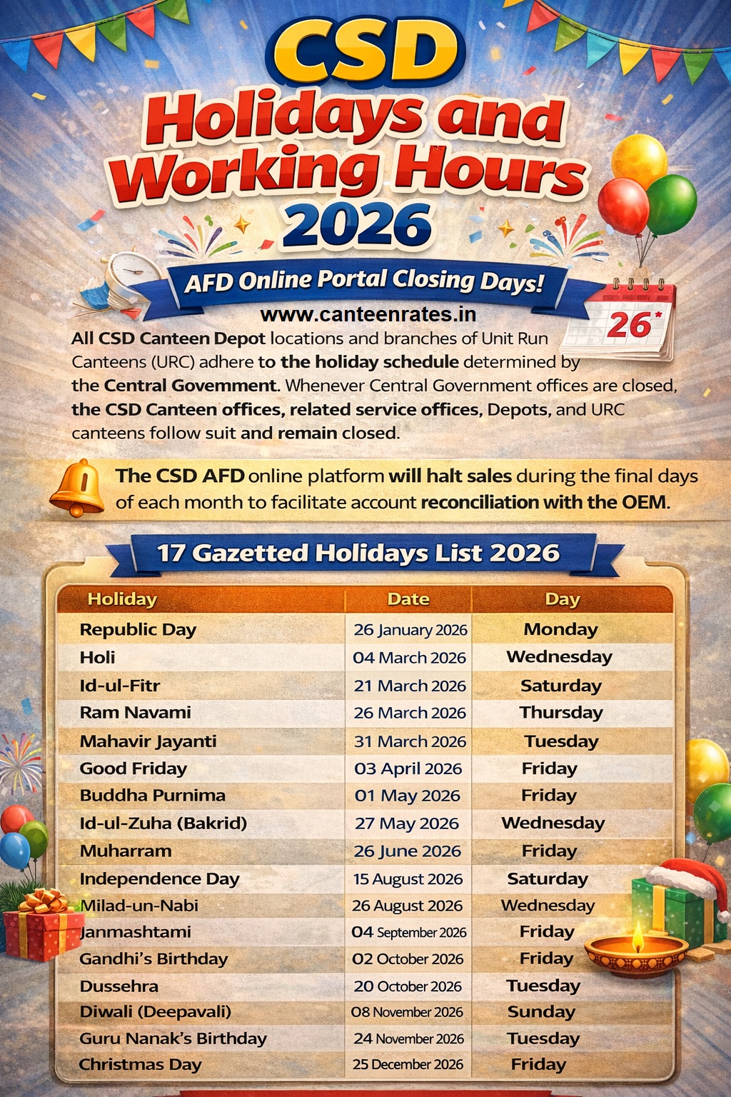 CSD Canteen Holidays and Working Hours 2026