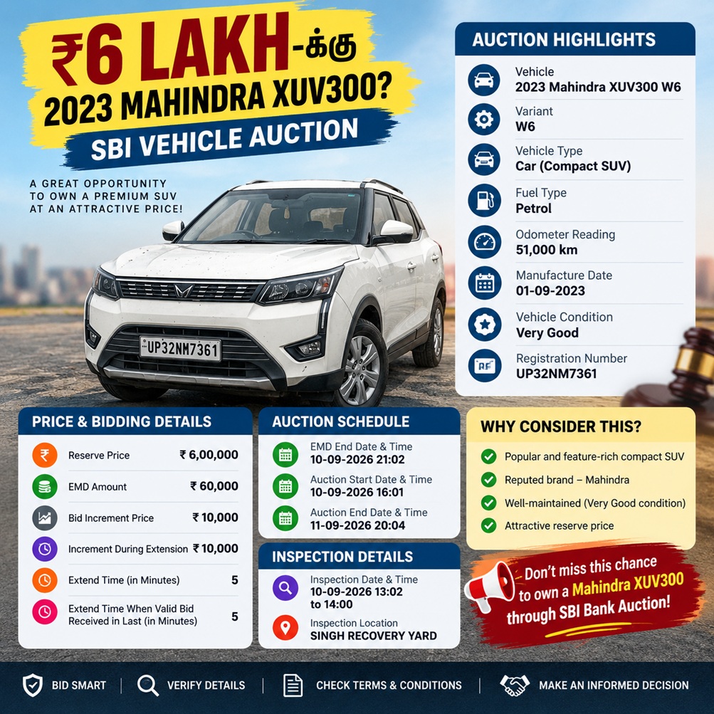 Mahindra XUV300 W6 for ₹6 Lakh SBI Auction Sep 2026