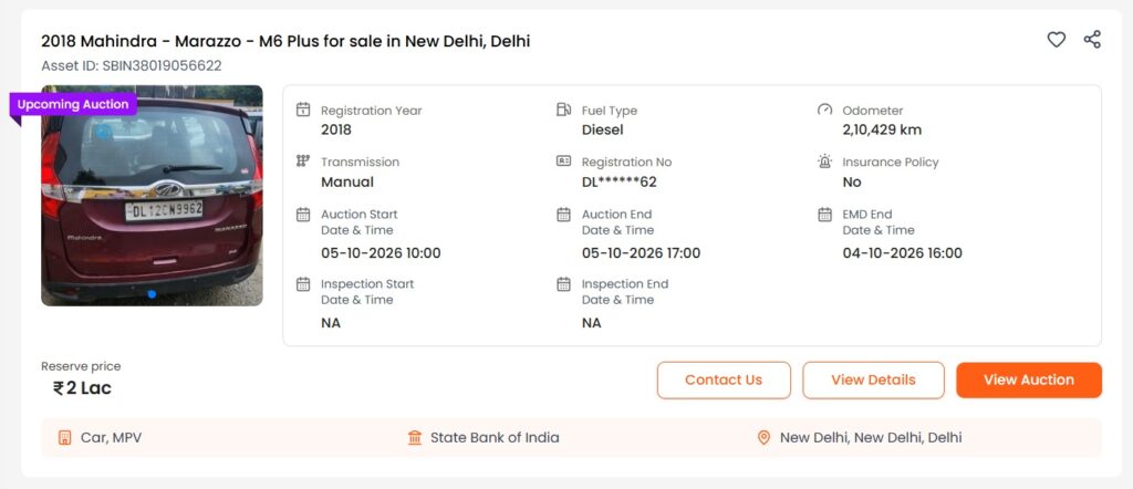 Mahindra marazzo auction sale Oct 2026