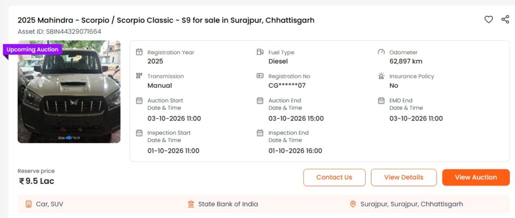 Mahindra scorpio auction oct 2026